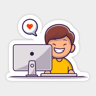 Happy Boy Working On Computer Sticker